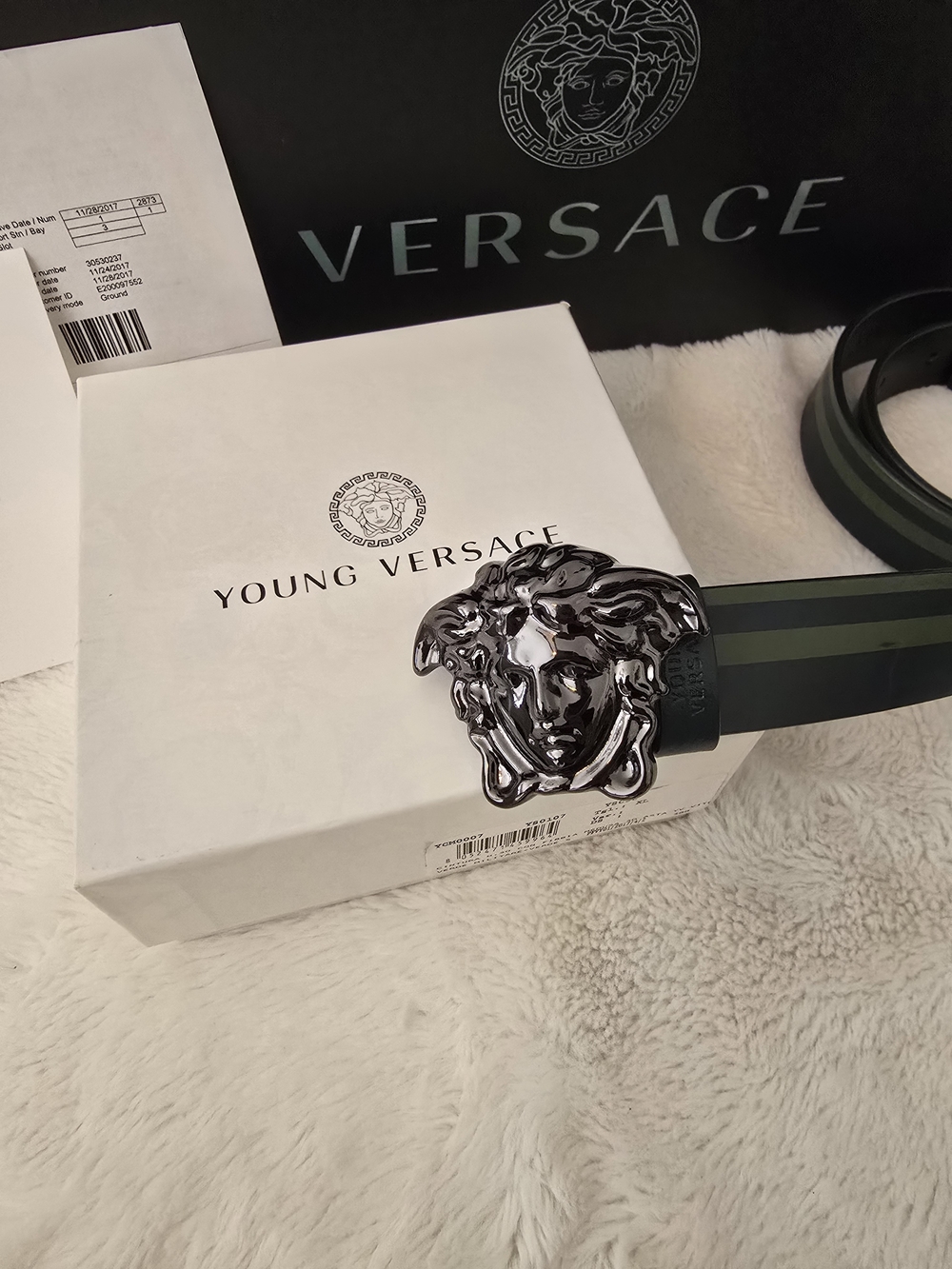 Young Versace Kids Black and Green Medusa Buckle Belt Size XL